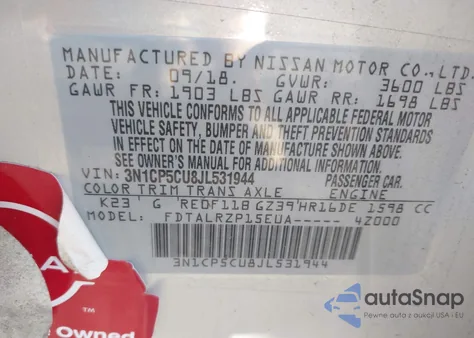 2018 Nissan Kicks S z USA, uszkodzony, nr VIN 3N1CP5CU8JL531944